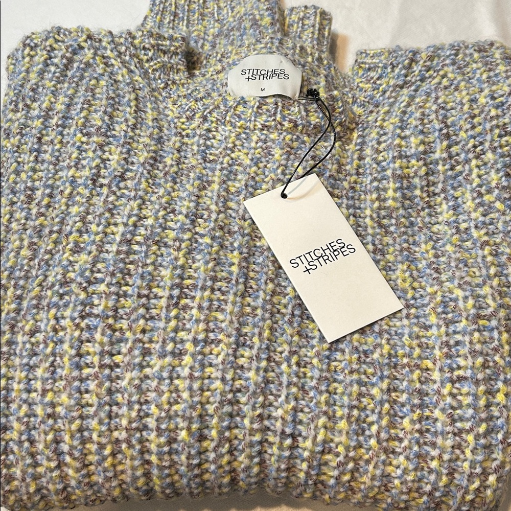 Stitches and Stripes Chunky Crewneck Sweater Size Medium blue yellow cream brown - Picture 7 of 7